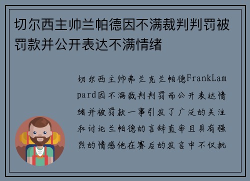 切尔西主帅兰帕德因不满裁判判罚被罚款并公开表达不满情绪